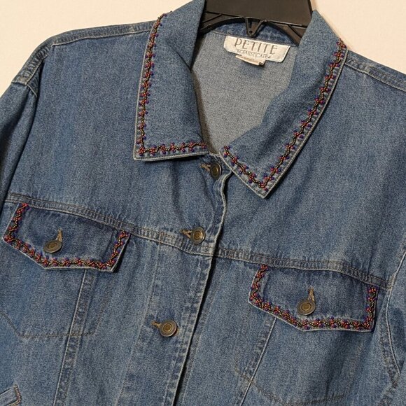 PETITE SOPHISTICATE Blue Denim Jean Jacket w Red Beaded Accents; Size PL - Picture 2 of 5